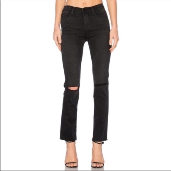 FRAME High Rise Le Nouveau Straight Leg Denim Distressed Black Raw Hem | 25 - Picture 1 of 11